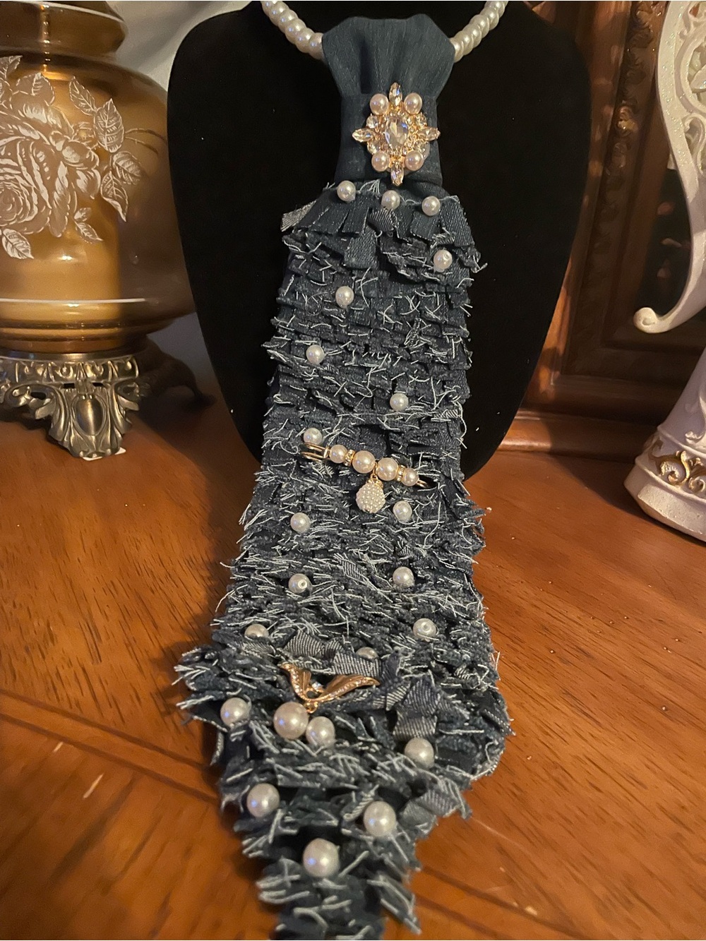 Pearl-Embellished Textured Scarf Necklace in Dark Blue